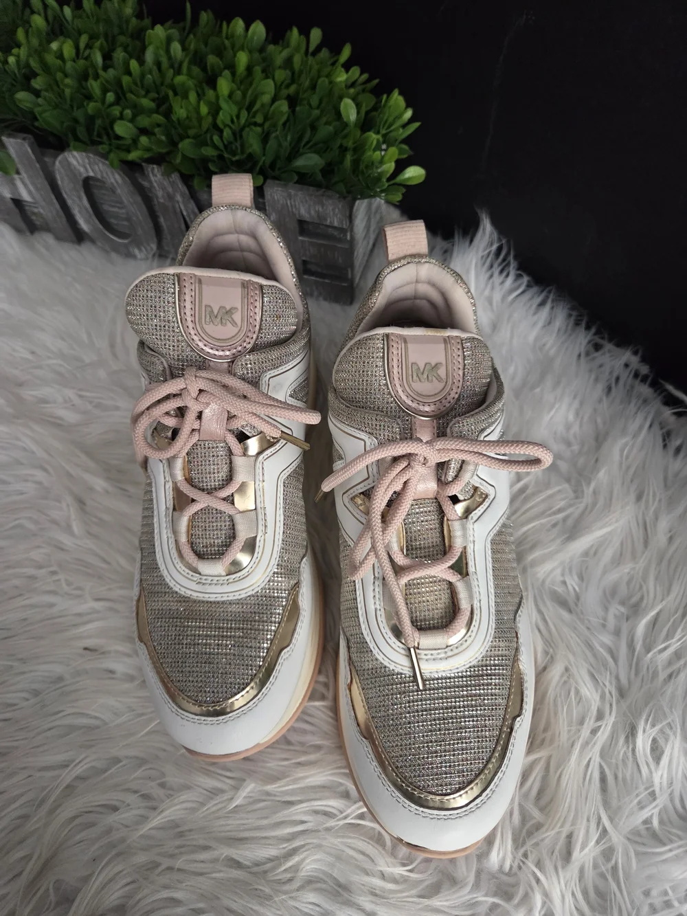 Michael Kors Olympia Women's Pink, White, Gold Platform Trainer Sneakers. Size 9
